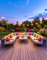 Outdoor Patio with Colorful Cushions and String Lights at Dusk.