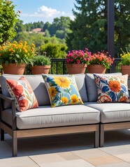 Outdoor patio with comfortable sofa and colorful floral pillows.