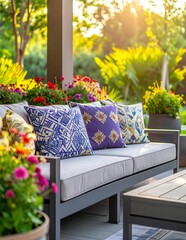 Outdoor patio with comfortable sofa, colorful pillows, and vibrant flowers in a lush garden setting at sunset.