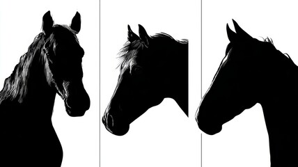 Horse head vector silhouettes in varied poses on white background, minimal black equine profile illustration for design and graphic projects