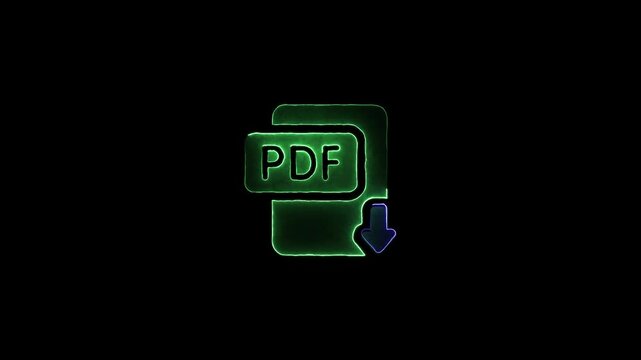 Glowing Green PDF Download Icon with Neon Outline on Black Background file document