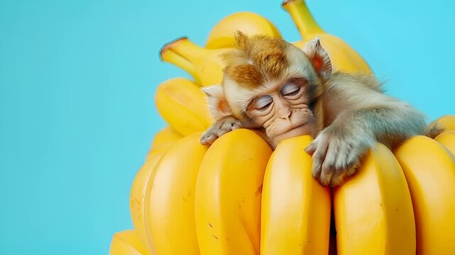 A closeup of a monkey resting on a cluster of yellow bananas. The monkeys face is partially obscured by the bananas, with its eyes closed. The background is a bright blue.