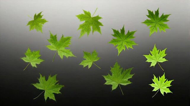 Floating green maple leaves against a gradient gray background, with subtle texture