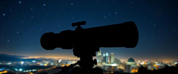 Telescope silhouette against city lights, stars visible, urban stargazing, twilight