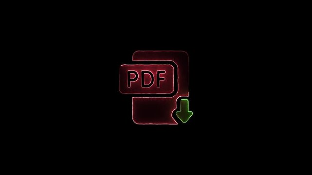 Glowing Red and Green PDF Download Icon with Neon Outline on Black Background file document