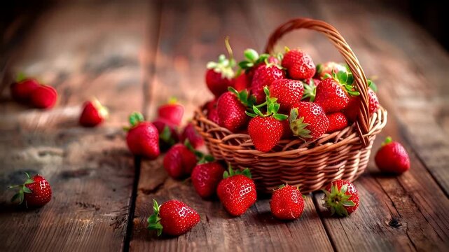 A closeup of a basket filled with ripe strawberries on a rustic wooden surface. The strawberries are vibrant red with white patterns, and they are arranged in a circular pattern around the basket.