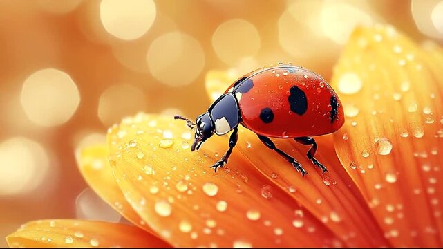 Close-up of a ladybug on a vibrant flower petal with dew drops glistening