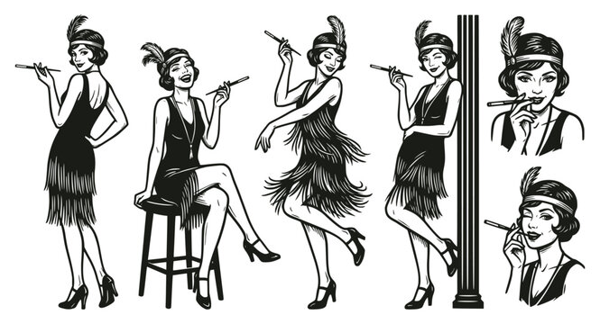 Set of black and white vintage illustrations of flapper girls in fringed dresses with feather headbands, posing, smoking with a cigarette holder, and dancing. 1920s Art Deco style.