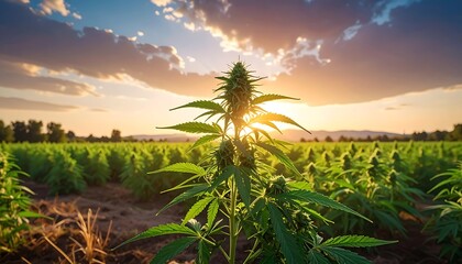 Cannabis plants under a sky with bright setting sun illuminating the crop in a field