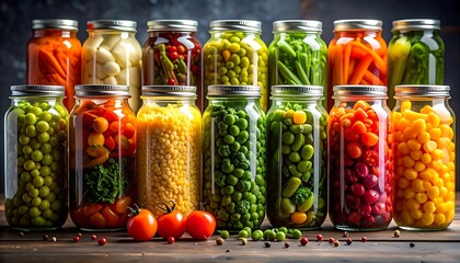 Canned vegetables in glass jars. Rows of colorful, preserved produce on a wooden table against a dark background