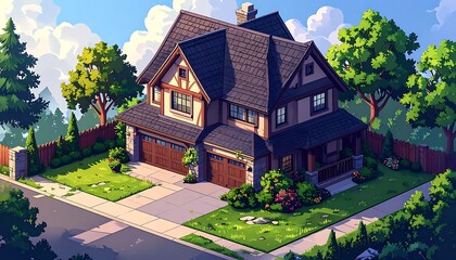 Cartoonish home with a dark roof, timber details, neat lawns, and lush trees under a bright, cloudy sky