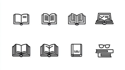 Collection of modern line style icons featuring various open book designs, including educational, creative, and reading concepts, minimalist vector illustrations on white background for learning and k