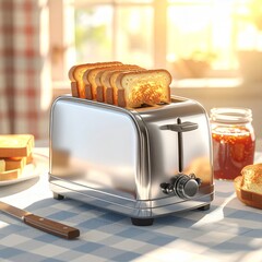 Toaster with golden brown toast slices on a checkered table in a sunlit kitchen, ready for breakfast.