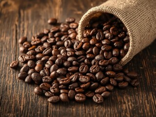 Fototapeta premium Rich Dark Roasted Coffee Beans Spilling from a Burlap Sack on Wood