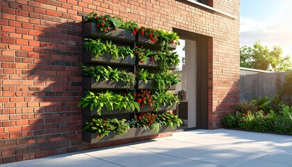 Vertical garden on brick wall, modern urban green space, sustainable living.