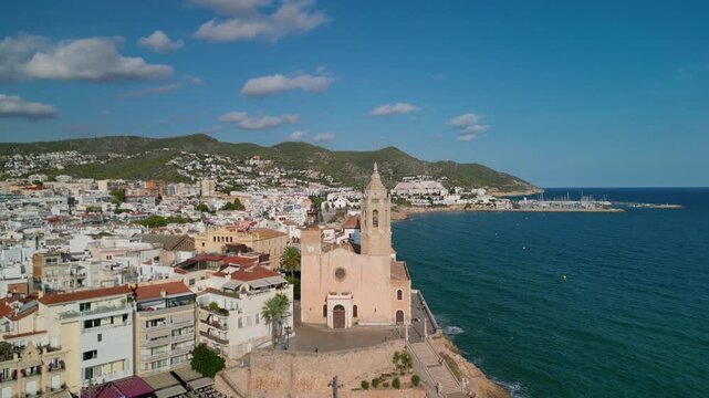 Church of San Bartolomeu, Sitges, Barcelona, ​​- drone view, Spain
