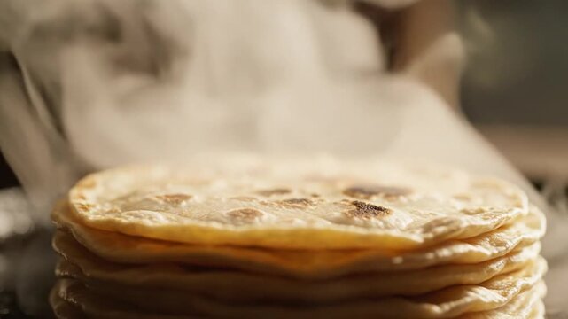 Steaming fresh stacked flatbread warm golden brown ready to serve