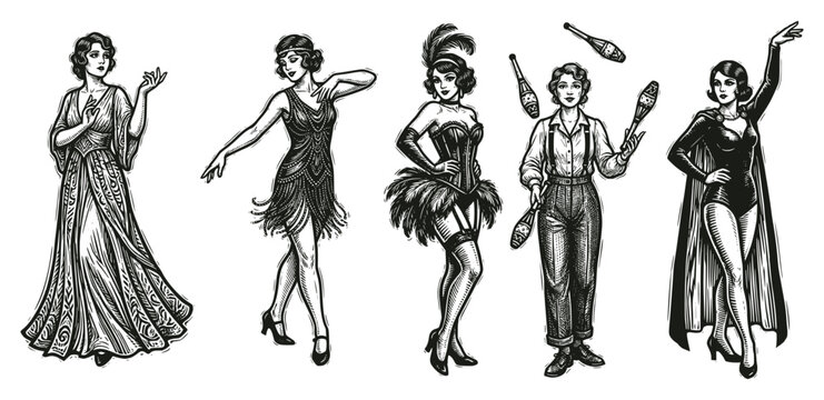 Vintage Circus Performers: Elegant long-dress lady, 1920s flapper dancer, burlesque showgirl, juggler with clubs, and dramatic magician. Hand-drawn engraving style.
