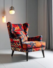 Vibrant Wingback Armchair with Geometric Pattern in a Modern Interior Setting.