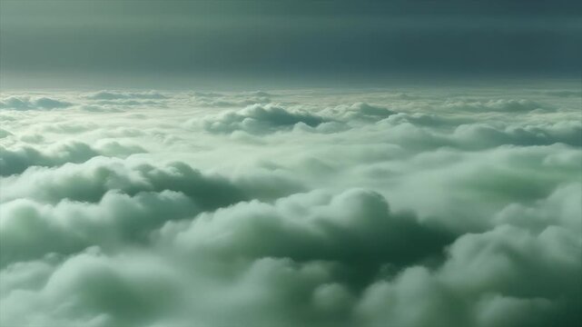 Aerial view of a sea of clouds, with variations in density and tones of green
