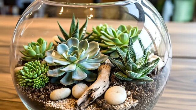 Terrarium Delight: An eye-level shot showcases a stunning succulent terrarium, a harmonious blend of nature's beauty contained within a glass vessel, perfectly portraying a miniature ecosystem.