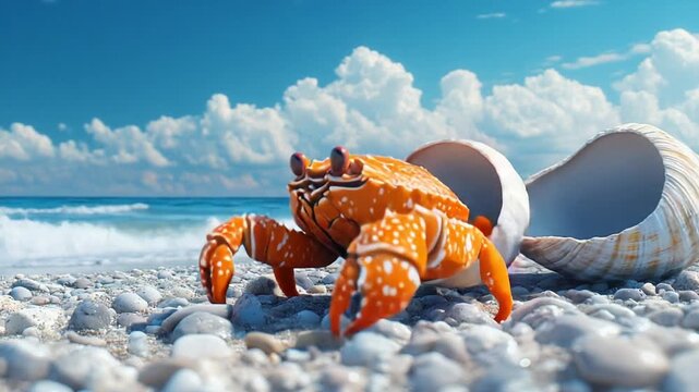 Colorful hermit crab emerging from its shell on a sunny beach with waves
