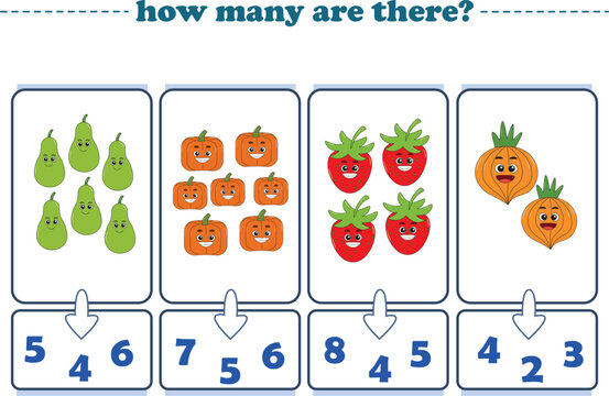 Counting game of fruits for preschool kids. Printable. Vector Illustration