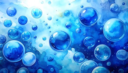 Blue watercolor art. Bubbles of varying sizes float across a blue-toned background resembling water or sky