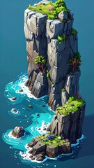 Cartoonish isometric view of rocky cliff, topped with grass, lush plants, surrounded by blue, splashing water