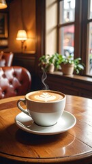 Cappuccino with latte art sits on wooden table near window, steaming in warm interior with cushioned chairs in background