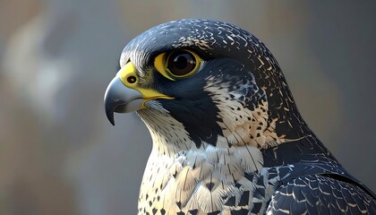 Captivating close-up of a peregrine falcon's head, showcasing detailed plumage and intense gaze against a blurred backdrop