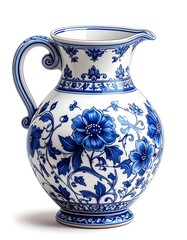 Blue-and-white pitcher adorned with floral designs, featuring a curved handle and angled spout, on white