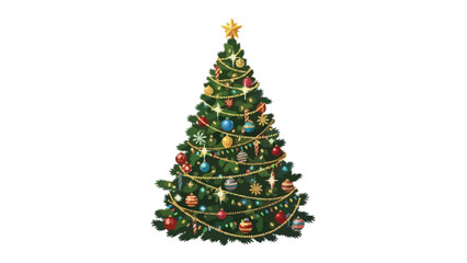 Fototapeta premium A decorated conical green Christmas tree topped with a yellow star