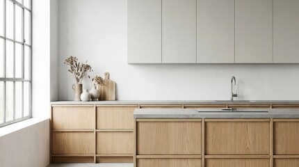 Modern Nordic kitchen in a loft apartment, featuring clean lines, light wood tones, matte cabinets, and minimalist décor, stylish 3D rendering