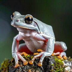 Captivating portrait of a light gray frog perched on a mossy rock with a blurry green backdrop