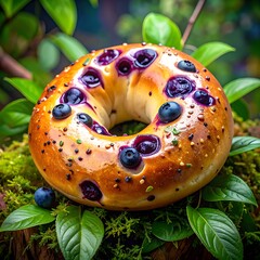 Blueberry bagel on moss, surrounded by green leaves. Glistening with glaze and fresh berries