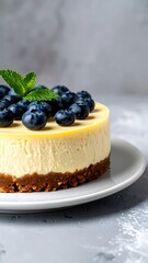 Blueberry cheesecake with mint leaves on a white plate against a textured gray background