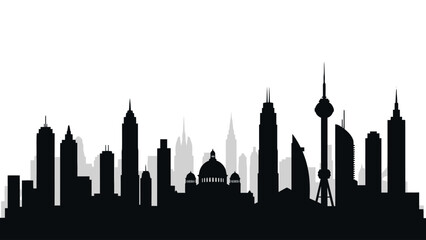 Naklejka premium Black and gray silhouette of a dense modern and historic cityscape against white