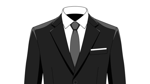 Black and white digital illustration of a suit jacket white collar shirt and dark tie
