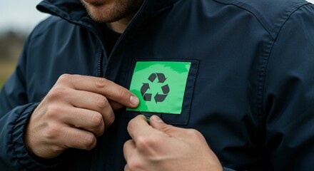 A man sews a recycle symbol patch onto his navy jacket, showcasing dedication to sustainable fashion and environmental awareness.