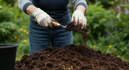 Gardening with gloves as soil spills from a hand trowel. Fresh soil and nature merge. Preparing the ground for healthy plant life and vibrant colors.