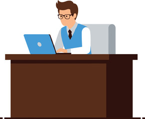 Professional Young Businessman or Office Worker Sitting at a Large Desk Working Diligently on a Laptop Computer Vector Illustration for Business Themes.