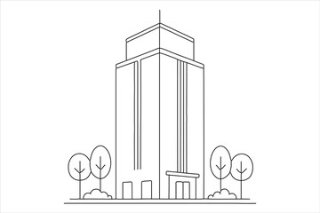Minimalist office tower single line art symbol on white background