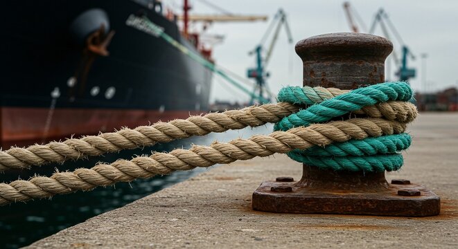Ship mooring ropes securely fasten vessel to rusty bollard on dock; cranes loom in background under overcast sky, emphasizing maritime industry. - Powered by Adobe