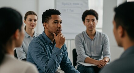 Diverse group attentively listening to speaker, engaged in a session, with a man thoughtfully pondering, hand on chin, in a neutral setting.