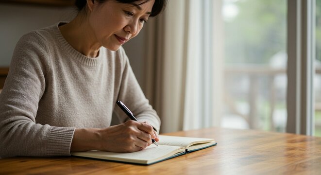 An Asian woman, deeply focused, pens notes in her journal by the window, bathed in soft, natural light, showcasing her calm and thoughtful process.