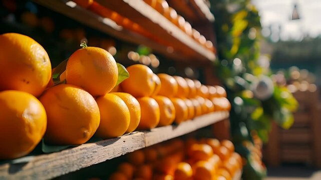 A closeup shot of a wooden shelf holding a bunch of oranges. The oranges are vibrant orange in color, with a glossy sheen, and they are arranged in a neat row on the shelf.