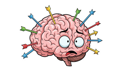 Cartoon brain impaled by multiple colorful arrows with a distressed expression