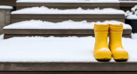 Close-up of vibrant yellow child's boots positioned near freshly fallen snowy wooden steps, evoking a playful winter exploration concept