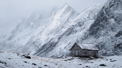 Snow covered mountain cabin serene winter landscape